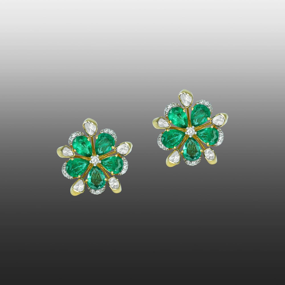 Floral Polki Stud Earrings with Emerald Petals and Diamonds